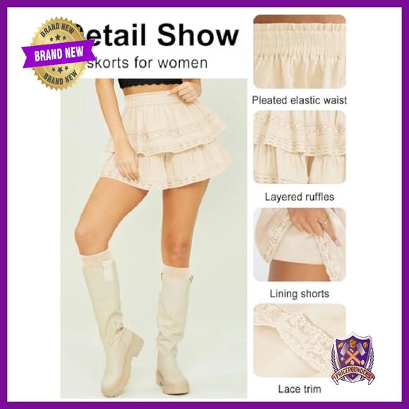 Flowy Lace Ruffle High Waist Shorts 100% Viscose Summer Casual Skort - Picture 4 of 7